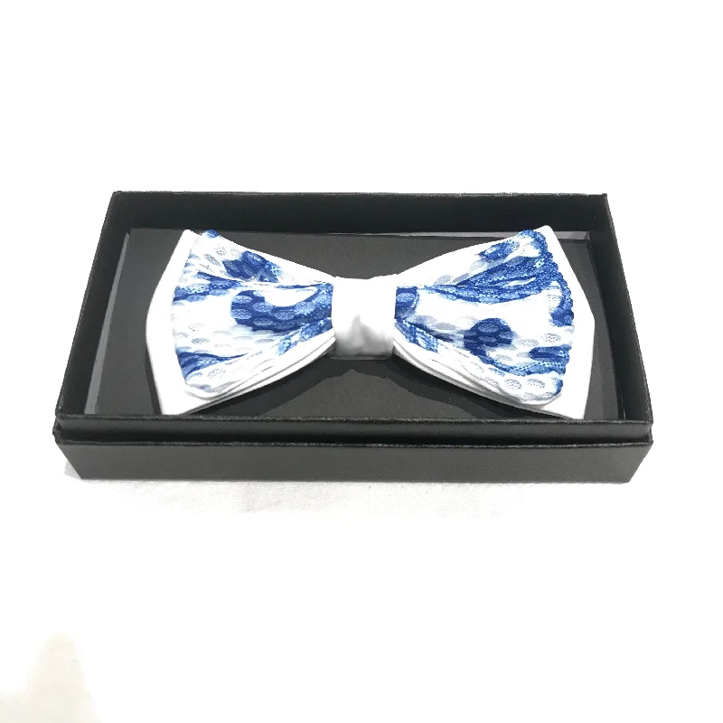 Barabas White Blue Tetron Paisley Bow Tie