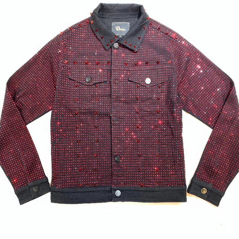 Barocco Black Fully Loaded Red Crystal Spiked Jean Jacket