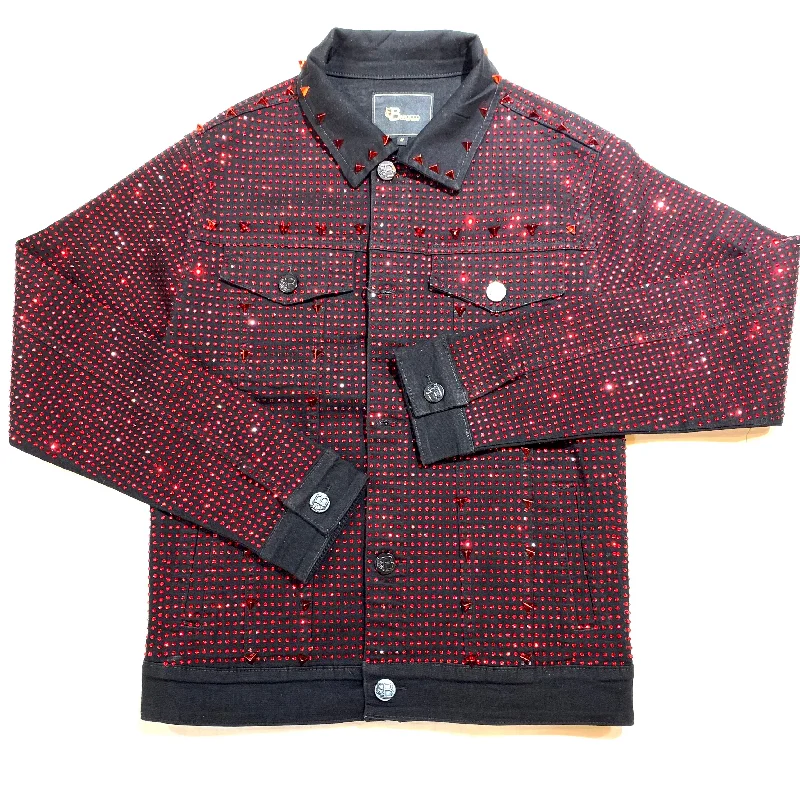 Barocco Black Fully Loaded Red Crystal Spiked Jean Jacket