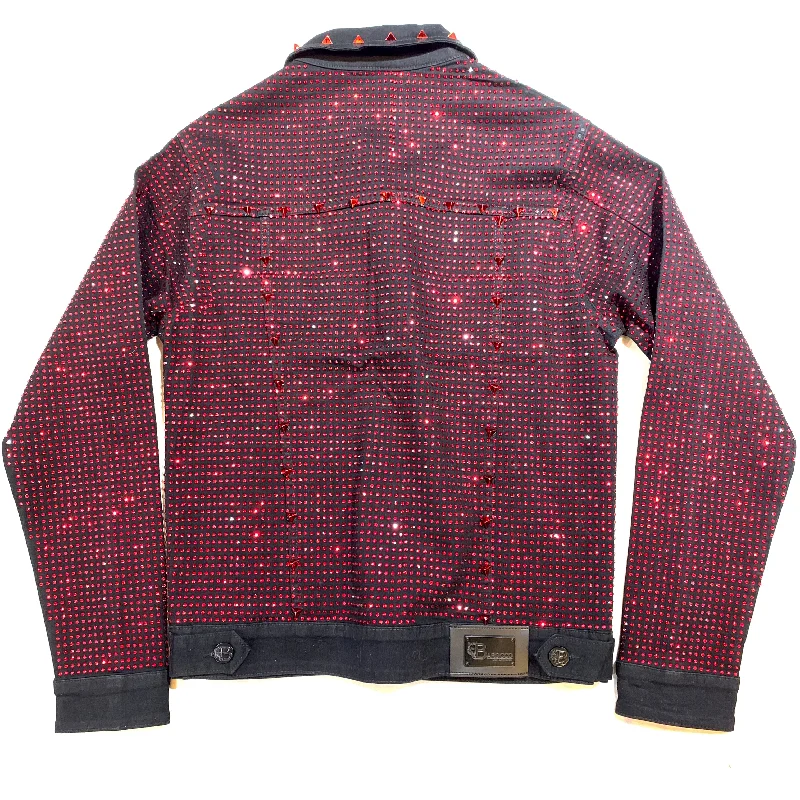 Barocco Black Fully Loaded Red Crystal Spiked Jean Jacket