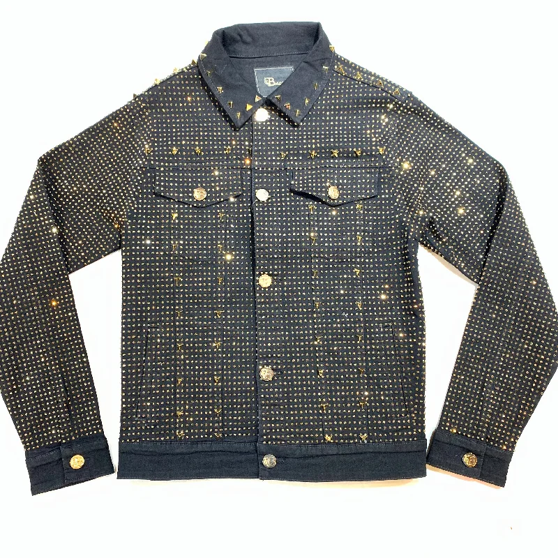 Barocco Black Fully Loaded Gold Crystal Spiked Jean Jacket