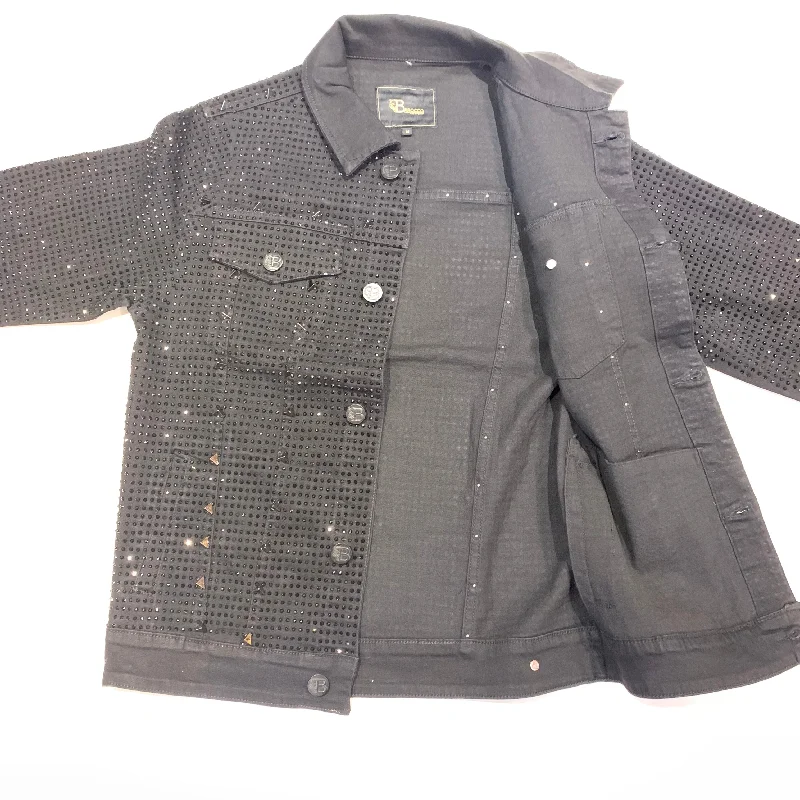 Barocco Men's Black Fully Loaded Crystal Spiked Jeans Jacket