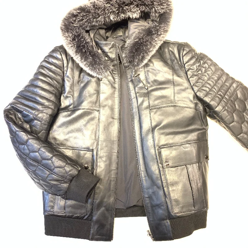 Barya NewYork Quilted Lambskin Silver Fox Fur Hooded Bomber Jacket