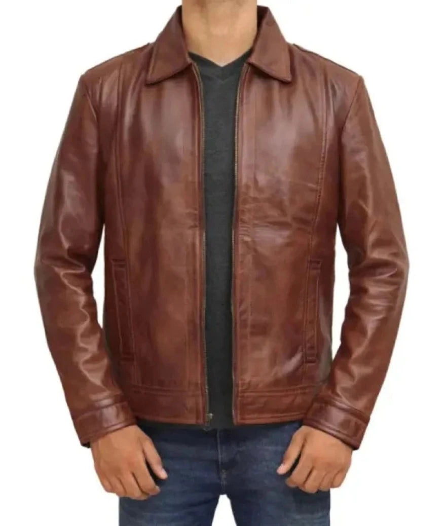 Brown Trucker Leather Jacket Genuine Nappa Sheepskin