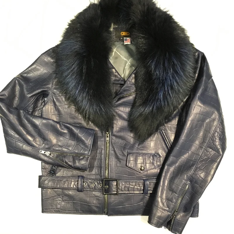 G-Gator Alligator Print Lambskin Moto Jacket w/ Full Fox Collar