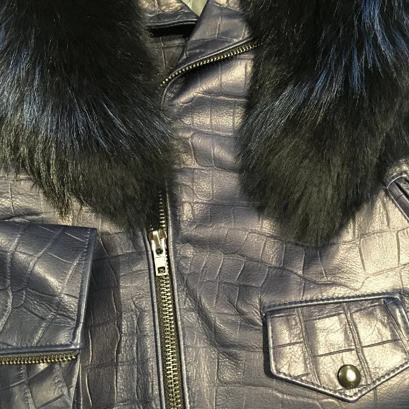 G-Gator Alligator Print Lambskin Moto Jacket w/ Full Fox Collar