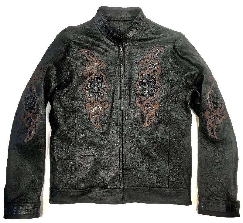 Kashani Black Horn-Back Alligator Stitched Bomber Jacket