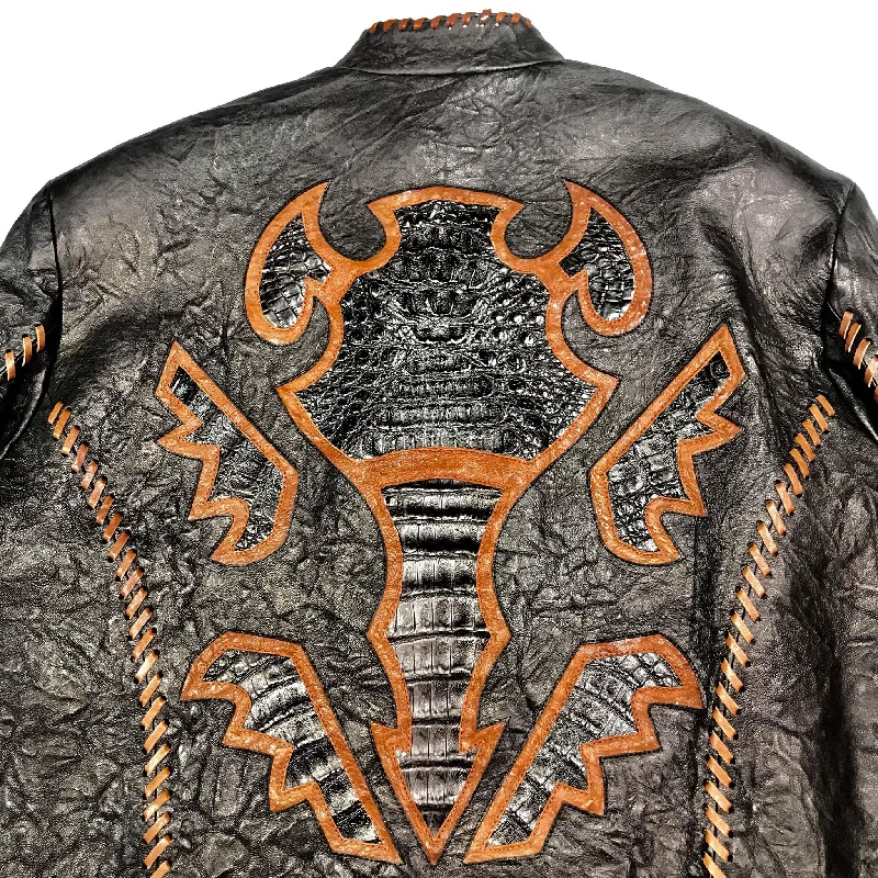 Kashani Black Laced Horn-Back Alligator Bomber Jacket