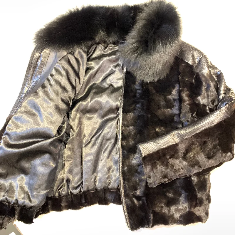 Kashani Black Natural Python Silver Fox Mink Fur Coat