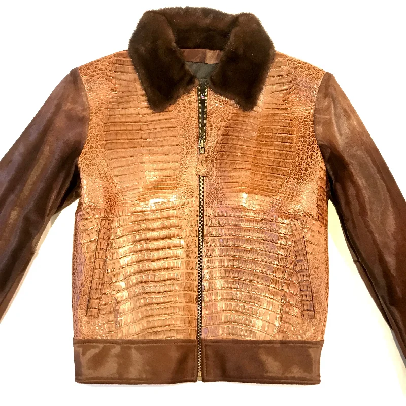 Kashani Brown Full Alligator Pony Sleeve Mink Collar Bomber Jacket