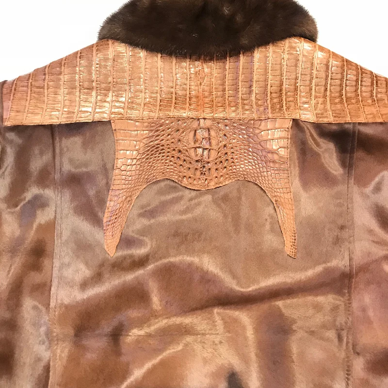 Kashani Brown Full Alligator Pony Sleeve Mink Collar Bomber Jacket