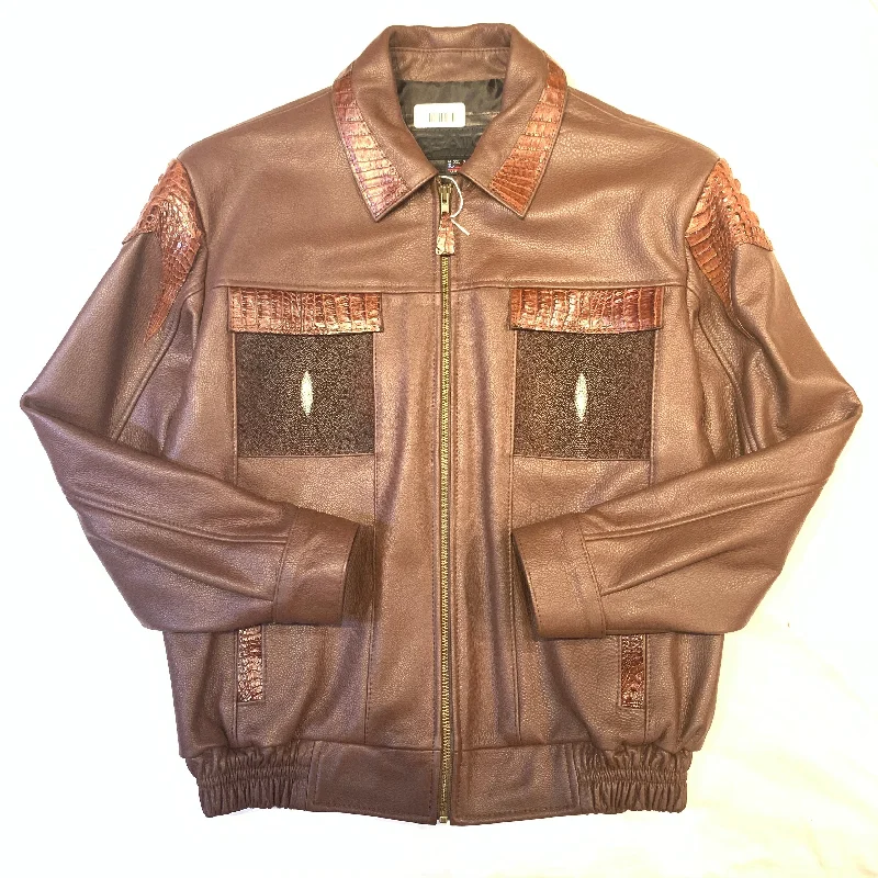 Kashani Chocolate Brown Alligator Horn-Back/Stingray Bomber Jacket