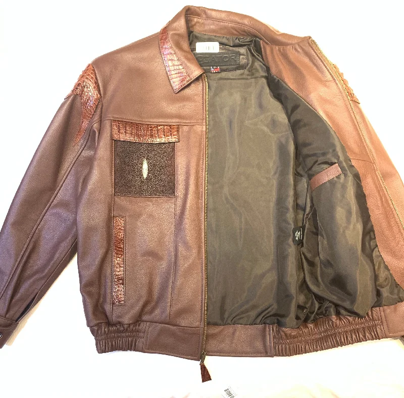 Kashani Chocolate Brown Alligator Horn-Back/Stingray Bomber Jacket