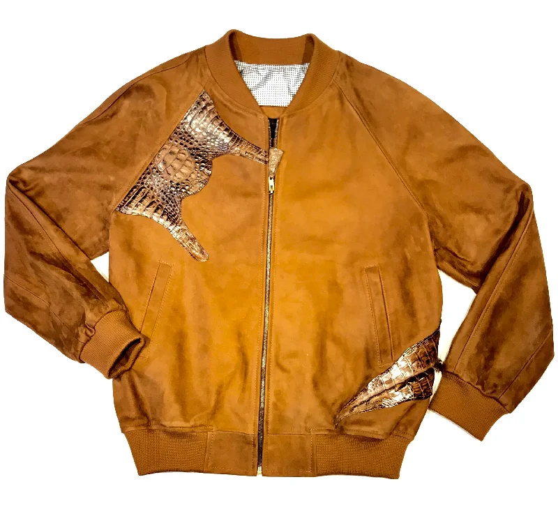 Kashani Chocolate Suede Alligator Body Wrap Bomber Jacket