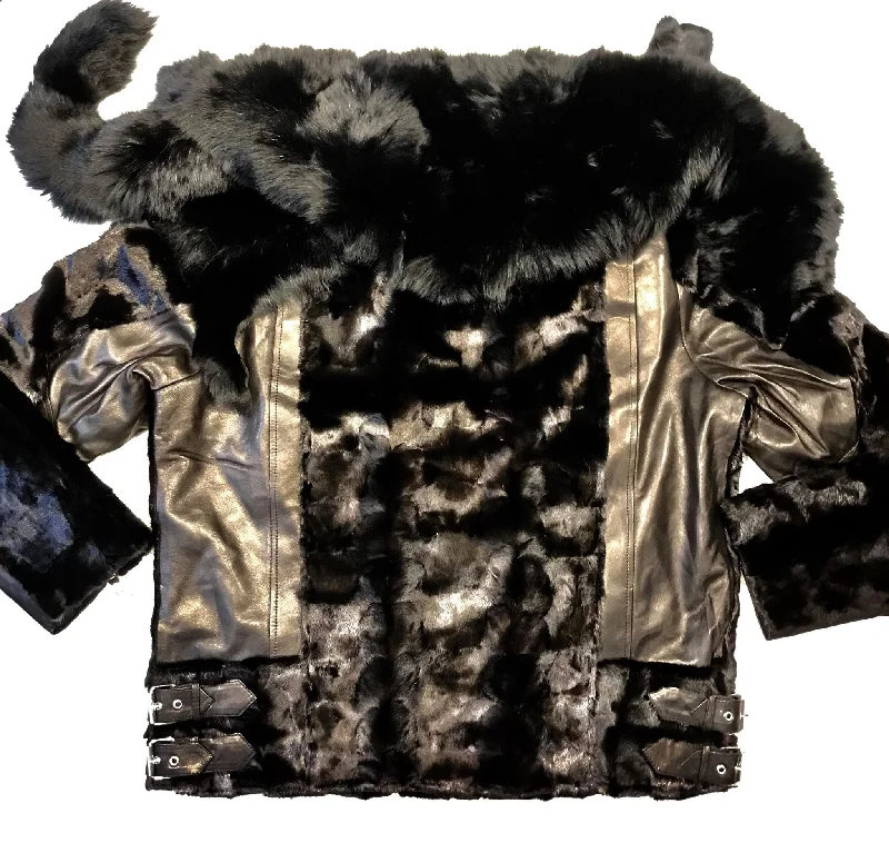 Kashani Mink Black Detachable Fox Collar Bomber Jacket