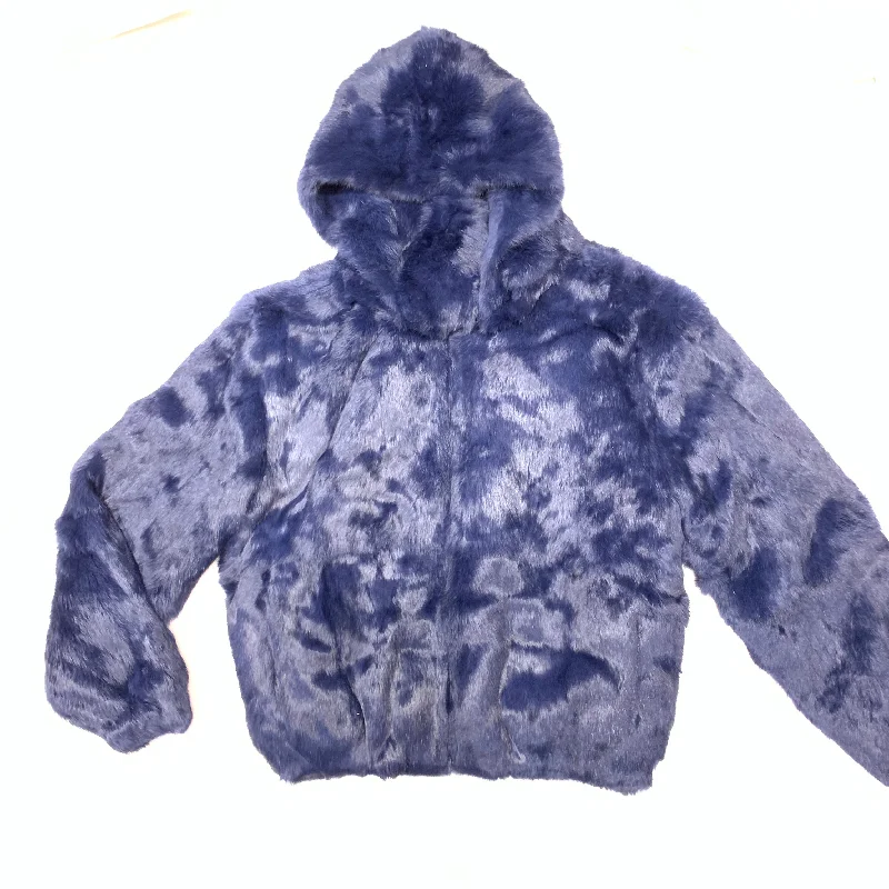 Kashani Navy Men's Blue Rabbit Fur Hooded Bomber Jacket