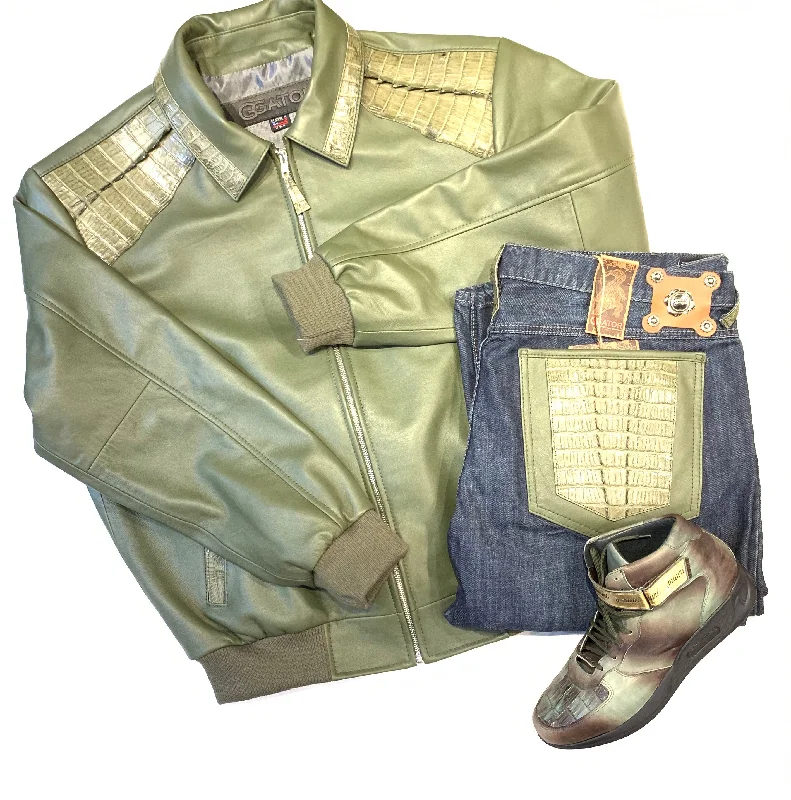 Kashani Olive Alligator Bomber Jacket