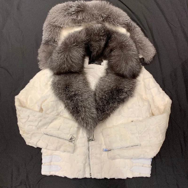 Kashani White Mink Diamond Cut Hooded Silver Fox Bomber Jacket