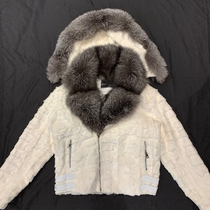 Kashani White Mink Diamond Cut Hooded Silver Fox Bomber Jacket