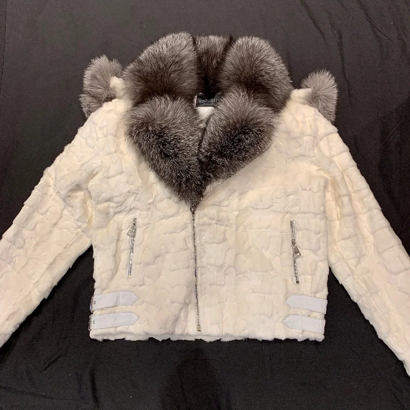 Kashani White Mink Diamond Cut Hooded Silver Fox Bomber Jacket