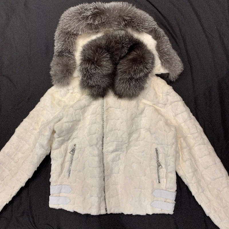 Kashani White Mink Diamond Cut Hooded Silver Fox Bomber Jacket