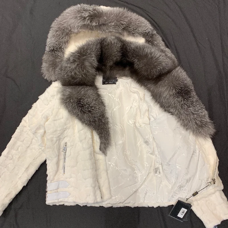 Kashani White Mink Diamond Cut Hooded Silver Fox Bomber Jacket