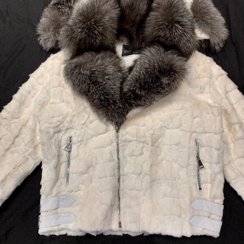 Kashani White Mink Diamond Cut Hooded Silver Fox Bomber Jacket