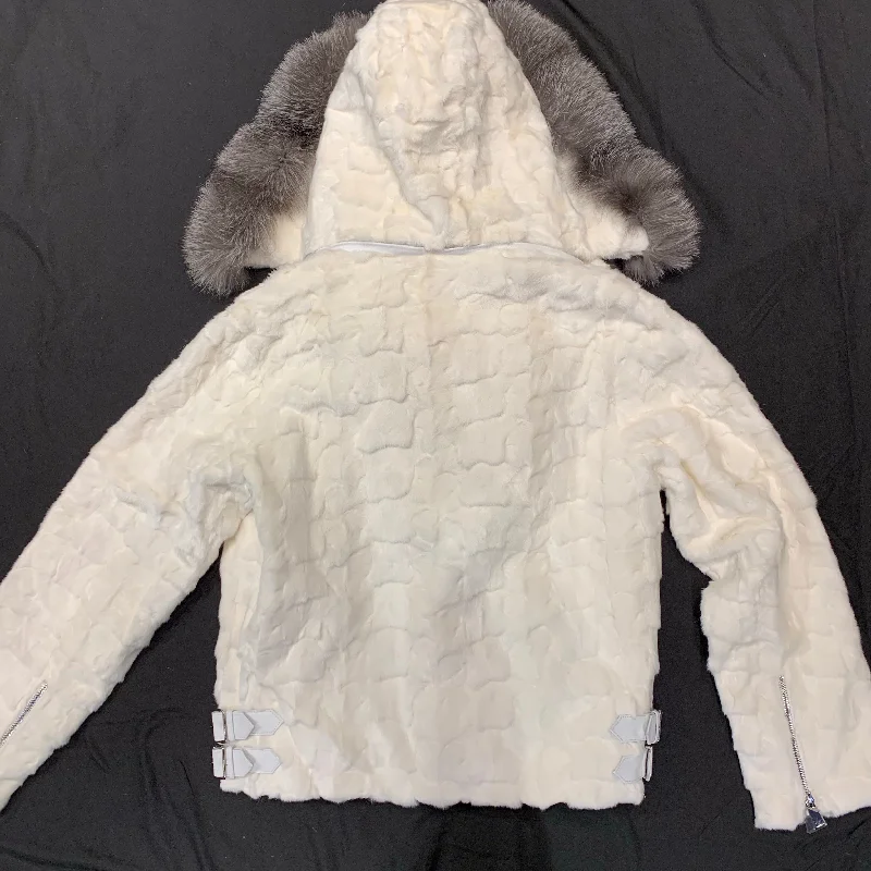 Kashani White Mink Diamond Cut Hooded Silver Fox Bomber Jacket