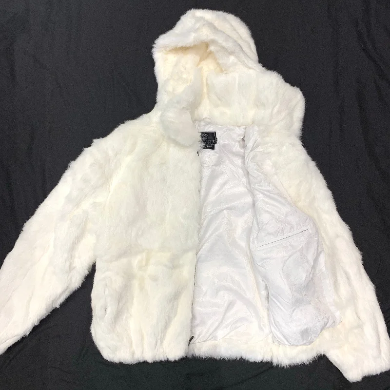 Kashani White Rabbit Fur Hooded Bomber Jacket