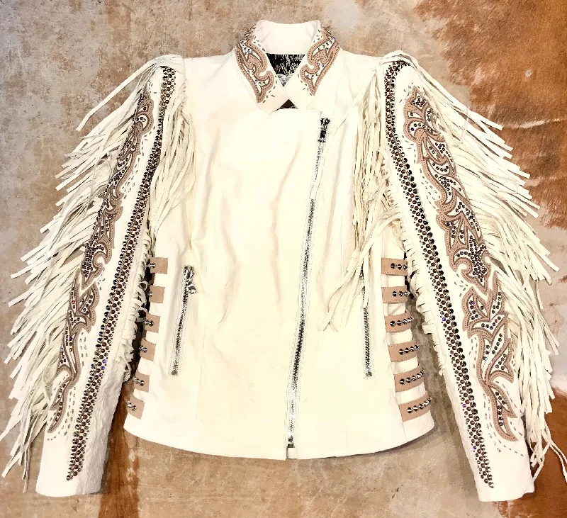 Kashani White Swarovski Crystal Lambskin Studded Fringe Jacket