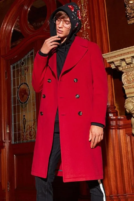 Men's Tweed Coat long Jacket Red Stylish Vintage Coat Over long Coat Woolen For him