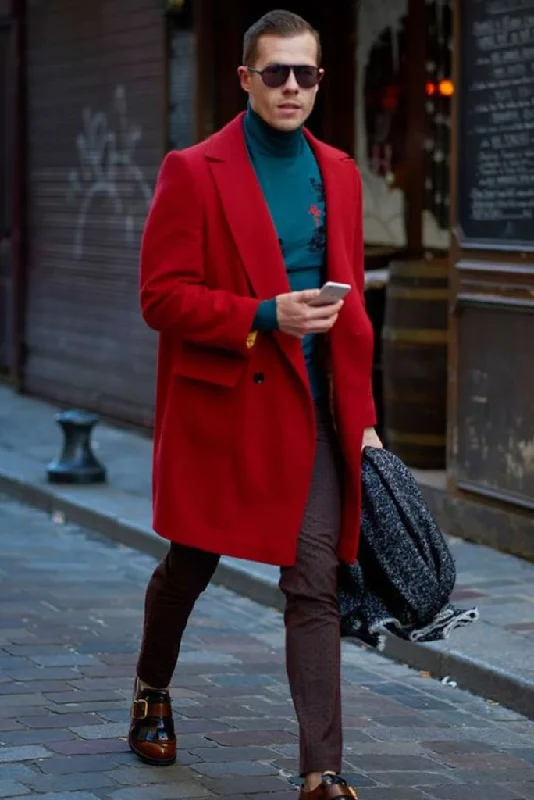 Mens Over - long Coat Red Tweed Jacket Casual Winter Coat Stylish Vintage Red Coat For Him