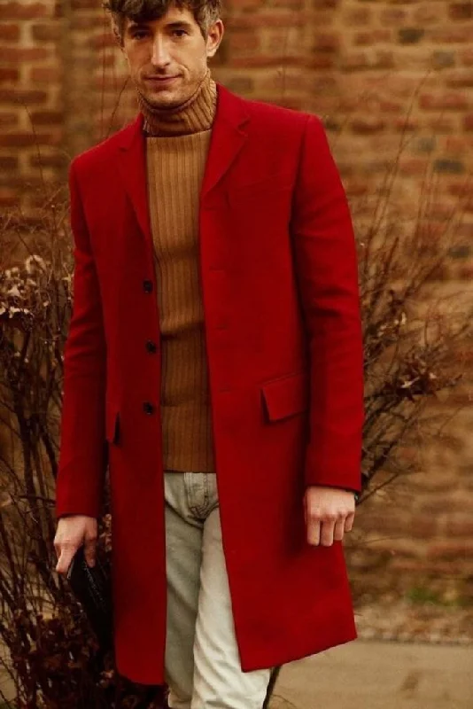 Men Over long Coat Stylish Jacket Tweed Red Woolen Casual Coat Men Clothing In Sainly