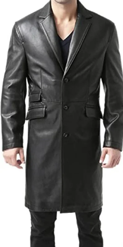 Mens Full Length Black Leather Coat