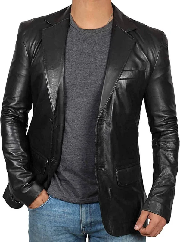 Mens Leather Blazer Jacket | 2 Button Black