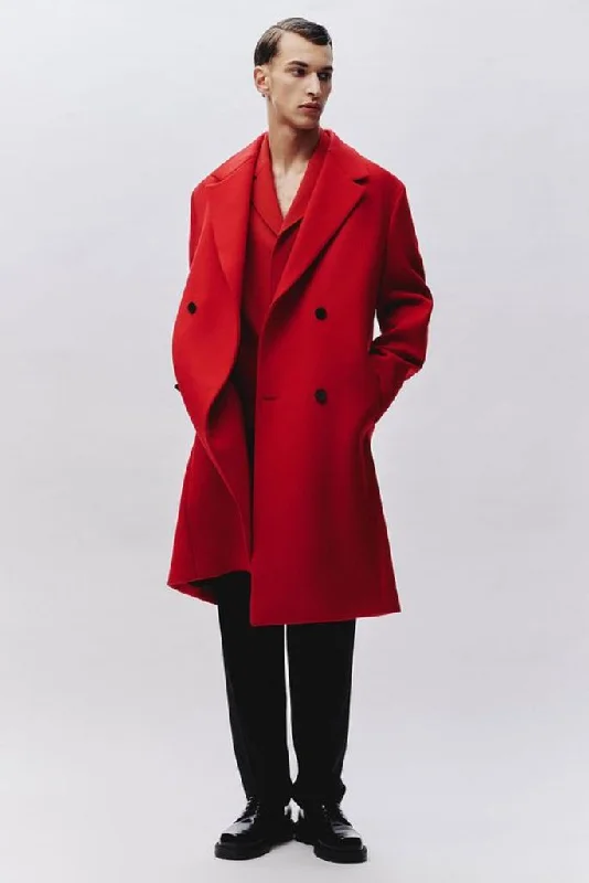 Men Double Breasted Red Coat long Coat Tweed Jacket Woolen Vintage Gift  For Him