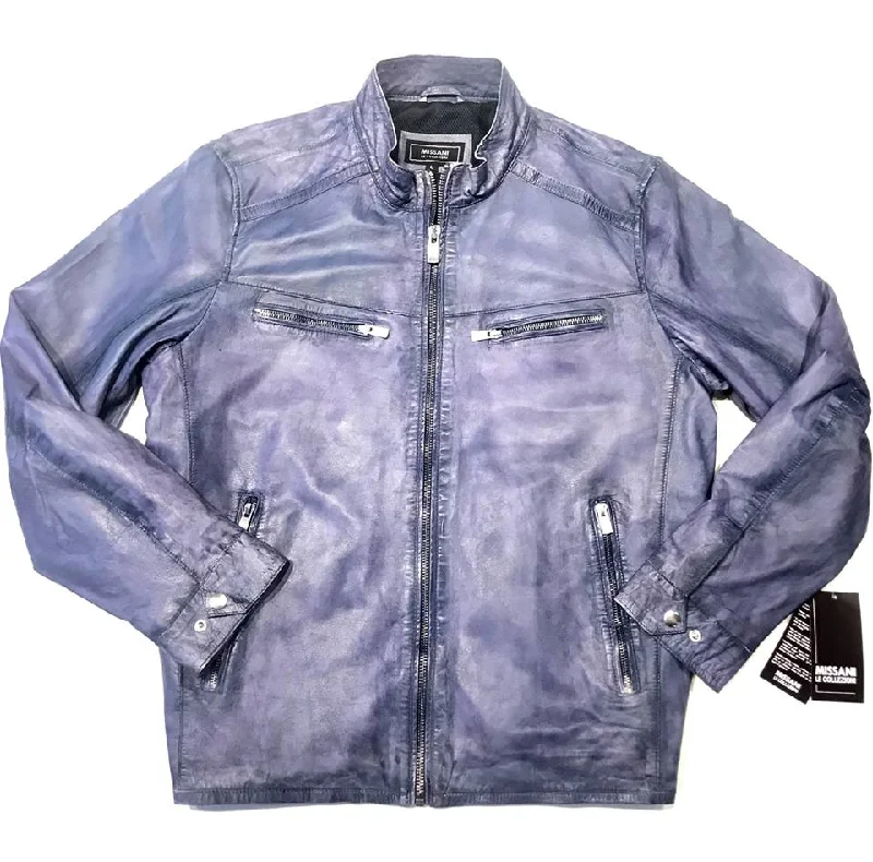 Missani Lambskin Leather Washed Denim Zip-up Jacket