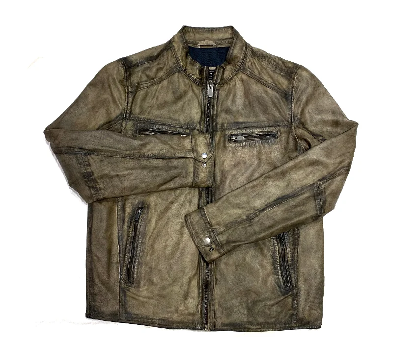 Missani Olive Green Lambskin Washed  Zip-Up Jacket