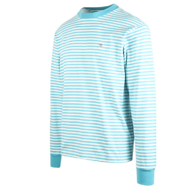 Obey Men's Aqua Turquoise 89 Icon II Striped Crew Neck L/S T-Shirt