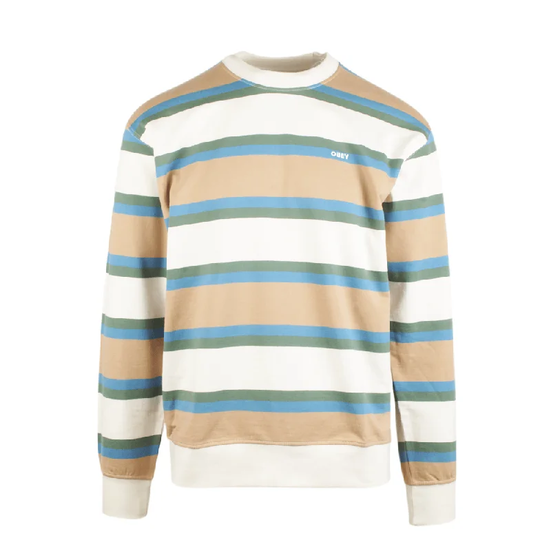 Obey Men's Cream Blue Tan Striped L/S Crew Neck Sweater