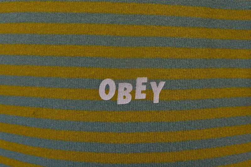 Obey Men's T-Shirt Yellow & Green Striped Mini Chest Logo L/S (134)