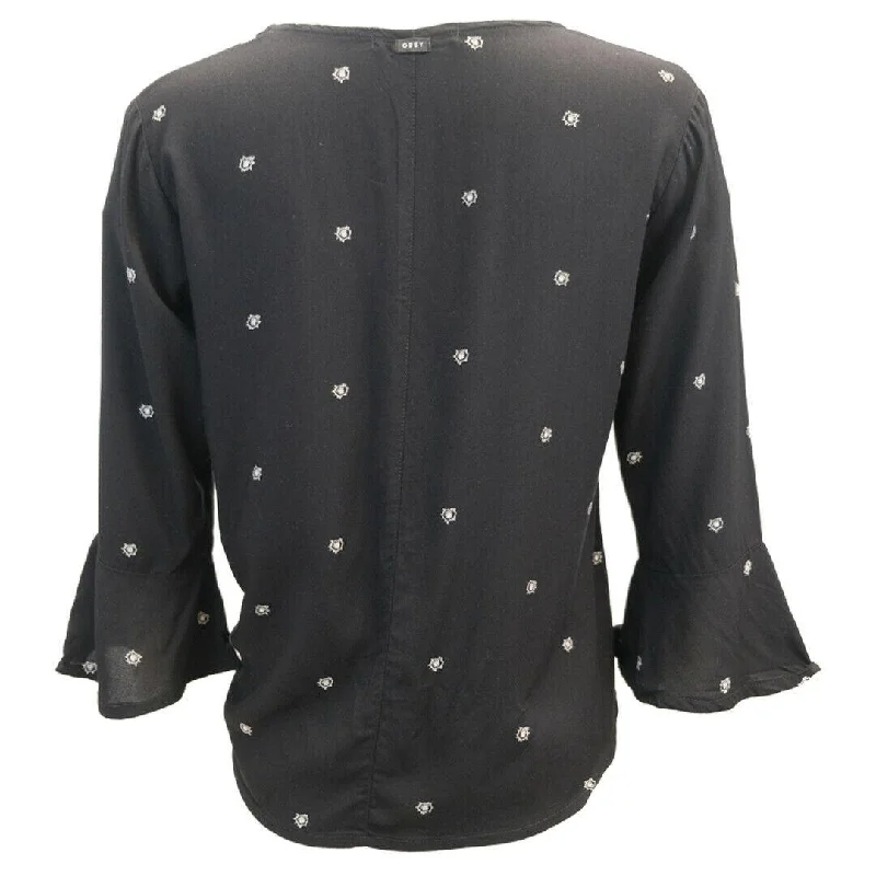 OBEY Women's Black Bullet Holes Cropped V-Neck L/S Shirt (S05)