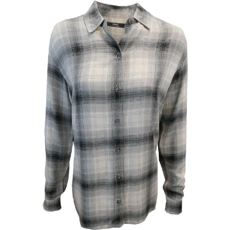 OBEY Women's Black Grey Cream Plaid Back Slit L/S Shirt (S03)