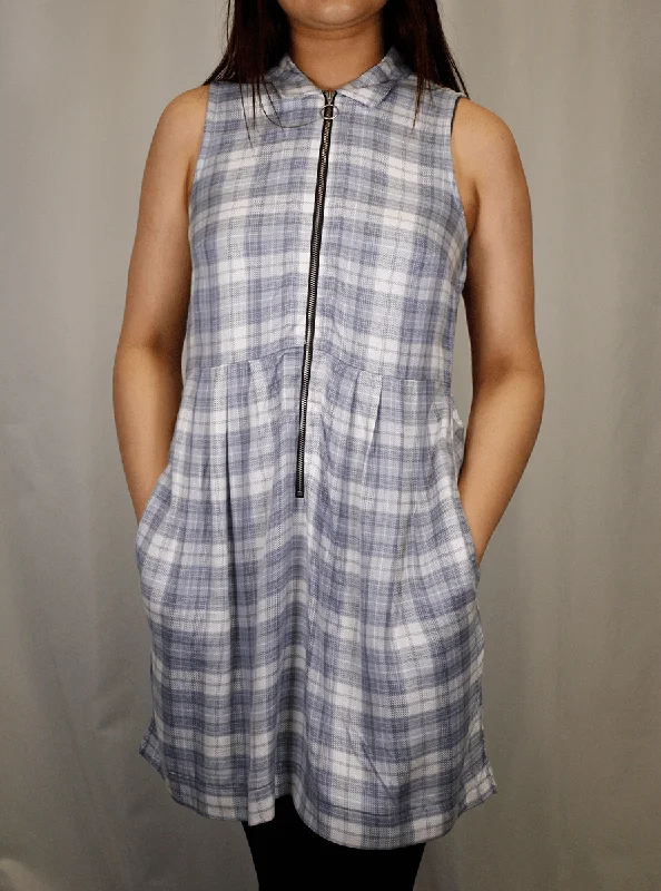 OBEY Women's Blue White Plaid Sleeveless 3/5 Zip Dress