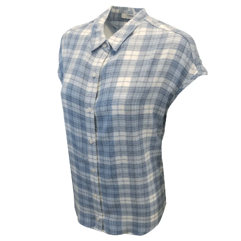 OBEY Women's Blue White Plaid Sleeveless Button Up Shirt