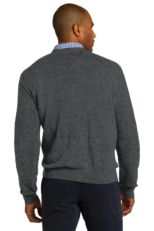 Port Authority Mens Long Sleeve V-Neck Sweater - Heather Charcoal Grey