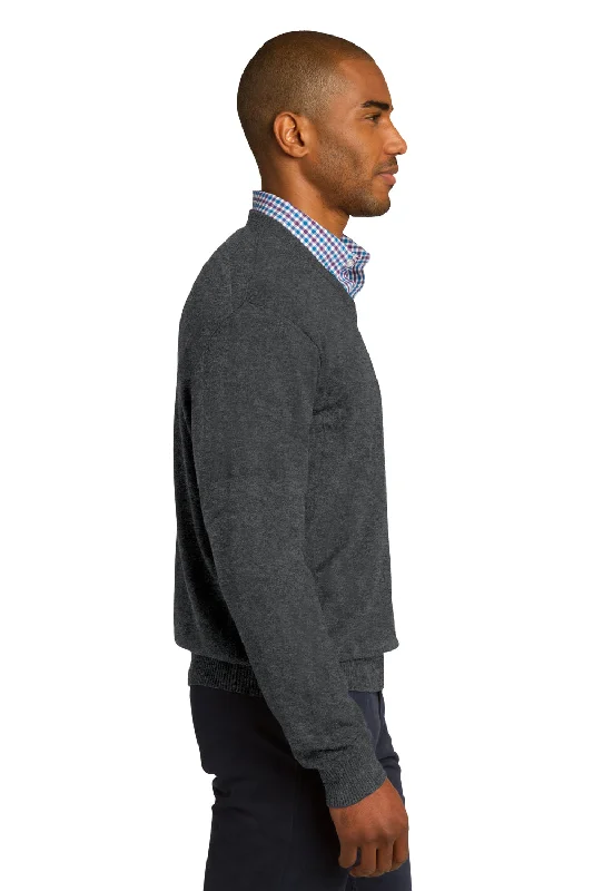 Port Authority Mens Long Sleeve V-Neck Sweater - Heather Charcoal Grey