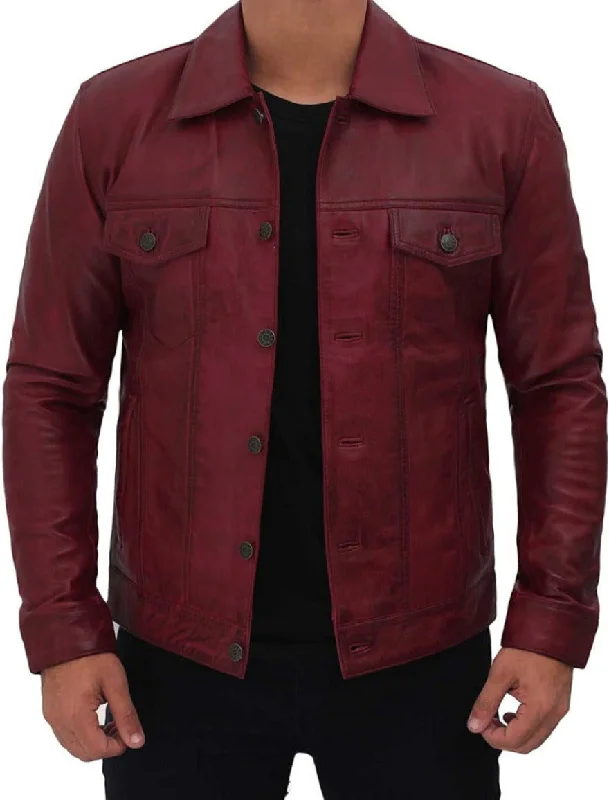 Trucker Leather Jacket Mens | Genuine Nappa Sheepskin Maroon