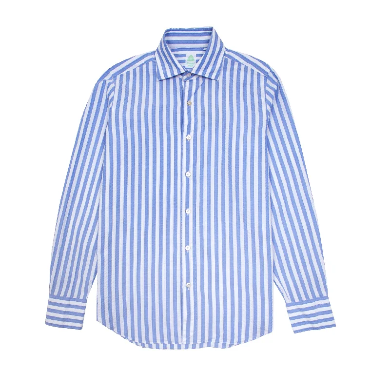 Finamore Tokyo Luigi Seersucker Shirt in Blue and White Stripe