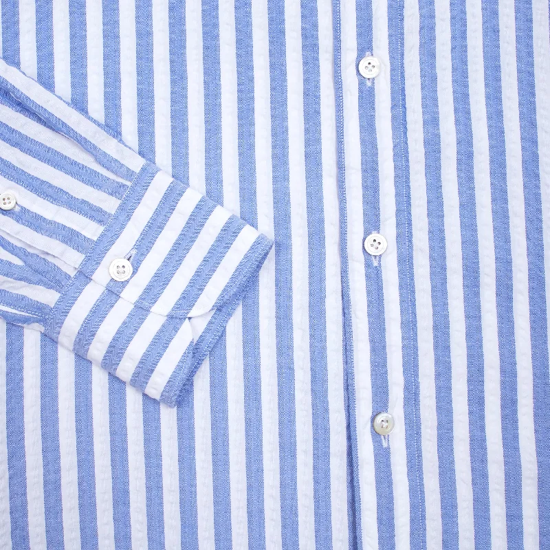 Finamore Tokyo Luigi Seersucker Shirt in Blue and White Stripe